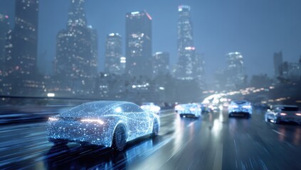Futuristic city street scene at night, cars with digital network overlays