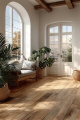 Cozy sunlit room with wooden floors and modern decor accents