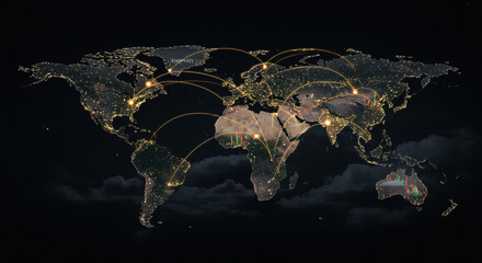 A world map visualization with glowing connection lines between major financial centers. Stock charts emerging from key cities like New York, London, and Tokyo