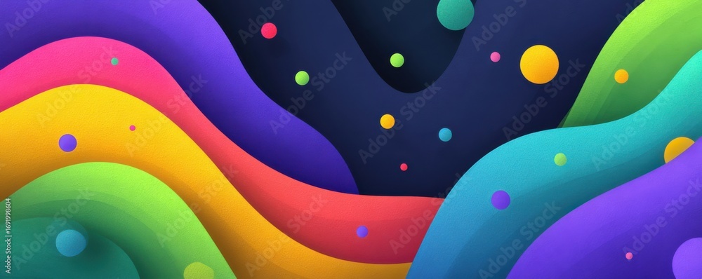 Poster vibrant abstract shapes with dynamic fluid design and colorful spheres on dark