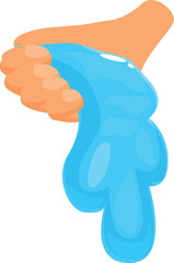 Hand holding and stretching blue slime, gooey substance dripping