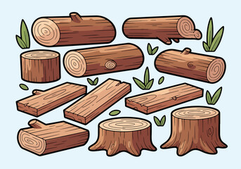 A stylized collection of cartoon wood elements, including chopped logs, sturdy tree stumps, and cut planks. Wood Element Vector.