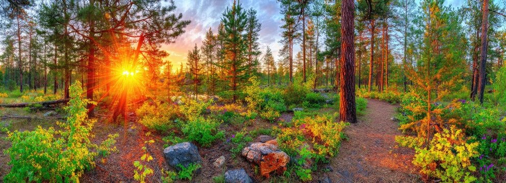 Panoramic view of a vibrant forest at sunset.  Colorful foliage, trees, and a pathway through a sun-drenched landscape