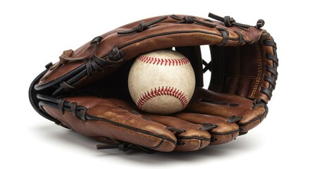 Vintage baseball and worn leather glove resting on a clean white studio background, evoking nostalgia and the spirit of the game.