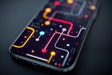 Fototapeta premium Colorful circuit-themed mobile wallpaper with glowing abstract neon patterns