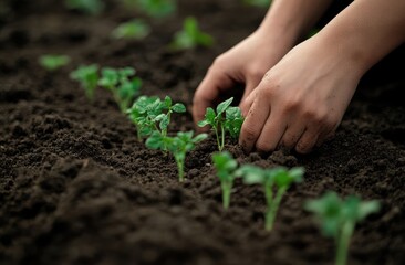 Close-up of hands in gloves picking broccoli on a farm, with the focus on the person's arms and the vegetables they are harvesting from the green field background.