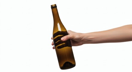 Hand Offering Empty Amber Wine Bottle.