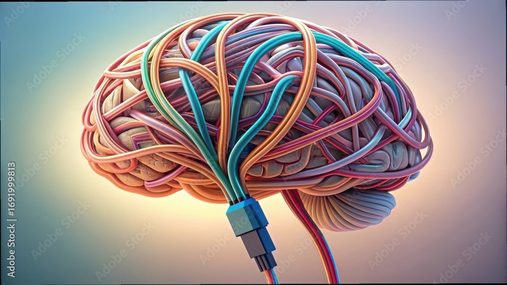 Poster brain structure formed by colorful cables in artistic representation