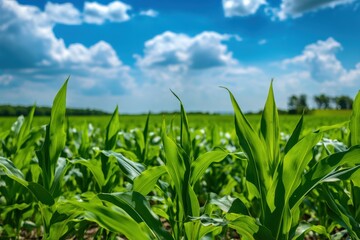Obraz premium Young Corn Plants Stretching Towards a Bright Blue Sky with Puffy White Clouds on a Summer Day