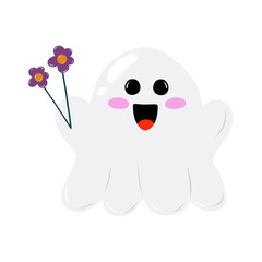 Cute ghost smiling and holding a flower on a white background. Halloween concept.