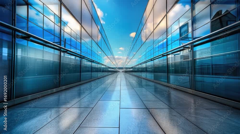 Poster a modern building design with transparent walls showing the blue sky, suitable for architectural or 