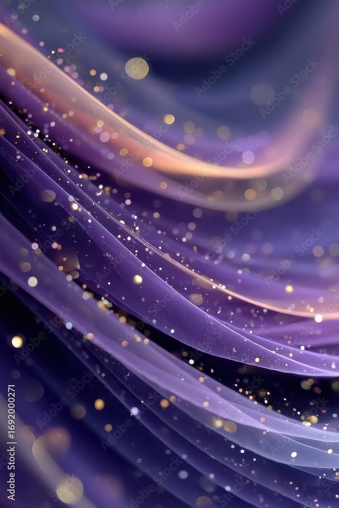 Poster purple abstract background with golden dots and soft flowing textures