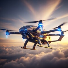 Drone soaring above the clouds at sunset, futuristic technology.