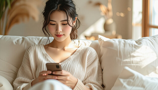 A young woman relaxing on a sofa and using her smartphone