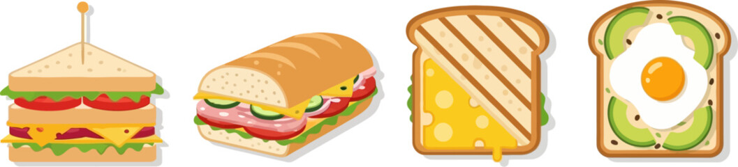 Delicious assortment of sandwiches and toasted bread creations ready to eat vector