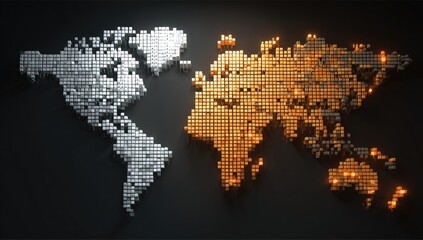 Two world maps, one silver, one gold, composed of pixelated squares, highlighting contrasting areas