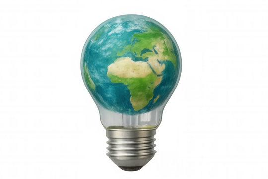 Light bulb containing planet earth promoting green energy, sustainability, and environmental awareness with transparent background - Powered by Adobe