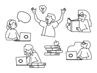 A set of people with laptops and books. Vector illustrations outline of students studying, working, and school concept isolated on a white background.