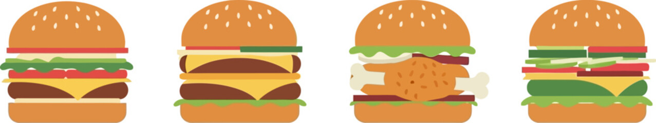 Four delicious hamburger options displayed in a row ready to eat appetizing food vector