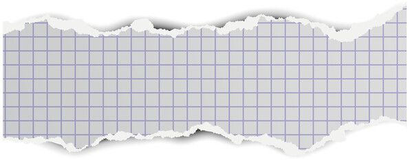 Ripped squared notebook page. Vintage torn stripe on gray background. Realistic paper fragments for scrapbook and collage design.