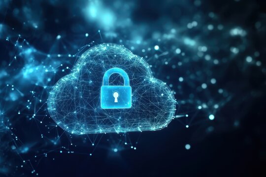 Secure Cloud Network: Conceptual Digital Illustration of Data Protection with a Glowing Padlock Icon