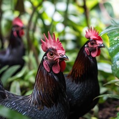 Fototapeta premium Three roosters in a lush garden setting. Close-up of their heads and upper bodies. Dark plumage, reddish combs. Blurred background of foliage