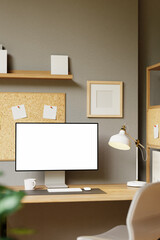 3D rendered modern home office with computer monitor, desk lamp, corkboard, and coffee mug