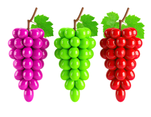 Set of plastic grapes bunch artificial fruit cluster realistic decorative imitation vineyard element isolated on white background