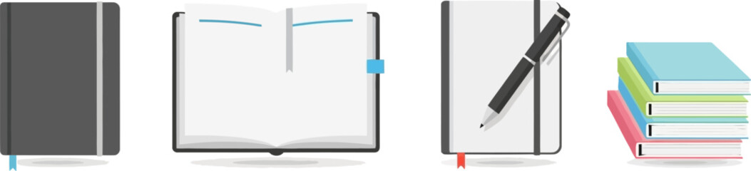 Collection of bound notebooks and stacked paper items displayed artistically vector