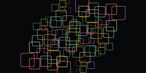 Colorful, overlapping squares create a modern, abstract design on black background.