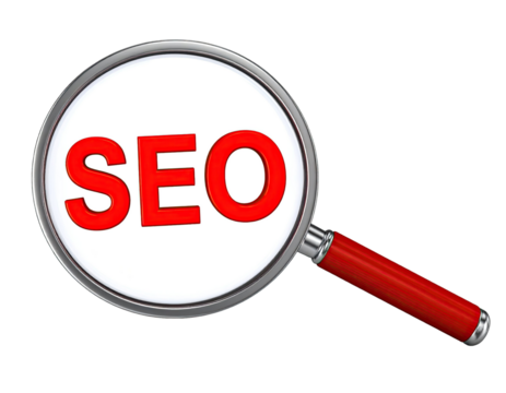 Magnifying glass with SEO sign symbolizing search optimization internet marketing analytics and digital strategy isolated on white background