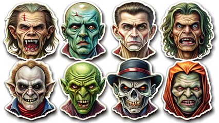 Assortment of Scary Monster Faces Stickers horror halloween.