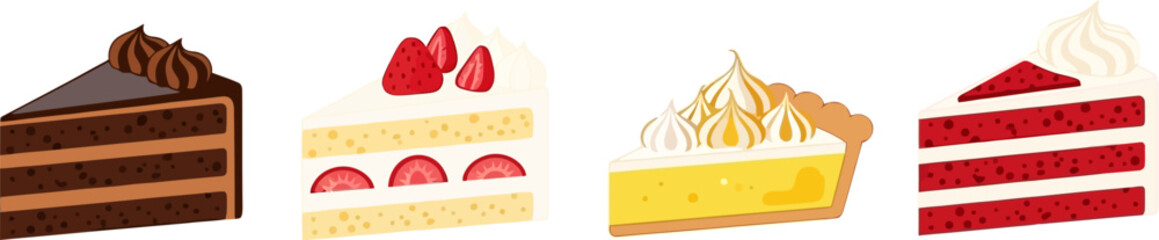 Four delicious slices of cake variety chocolate strawberry lemon red velvet desserts vector