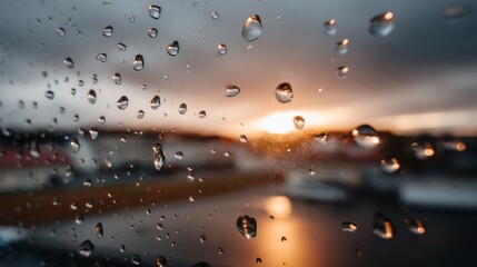 Rain drops delicately falling on a glass window at sunset in a quiet neighborhood setting