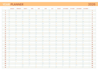 2026 year calendar planner horizontal page template of minimalistic design for personal, work, education