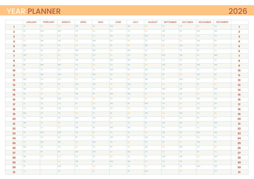 2026 year calendar planner horizontal page template of minimalistic design for personal, work, education