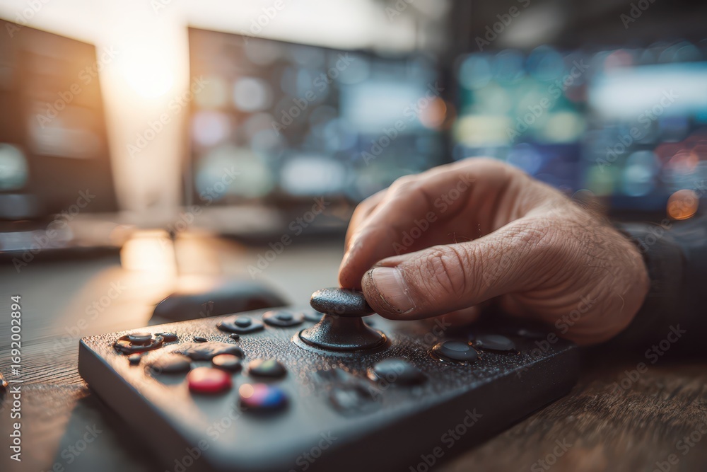 Poster close-up of a person's hand using a game controller in front of two blurred monitors, playing video 