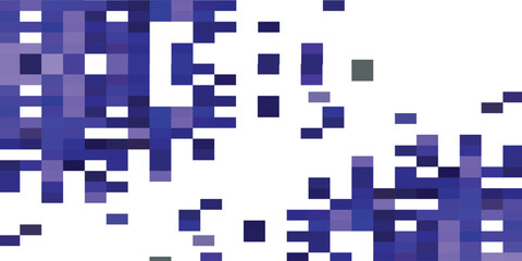 Abstract graphic design featuring scattered, pixelated squares in shades of blue and purple.