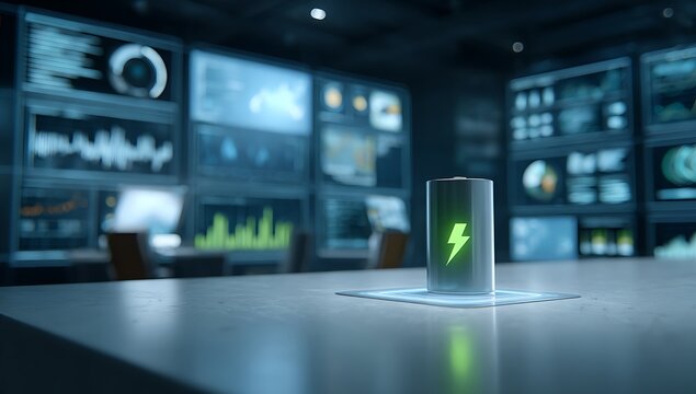 Futuristic battery powering technology in a high tech control room - Powered by Adobe