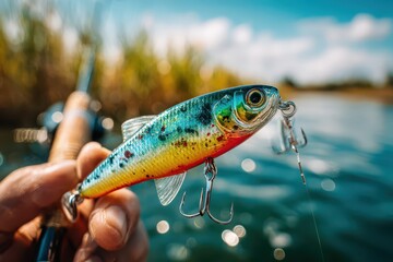 A colorful fishing lure held in hand against a lake background, showcasing the bait's design and the outdoor activity of angling, vibrant and exciting fishing.