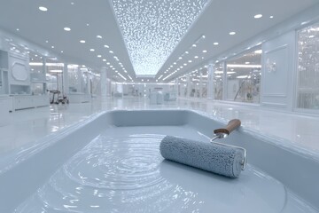 An abstract background featuring a paint roller, tray, and pristine white showroom space, creating a sense of renewal and architectural elegance within a bright environment.