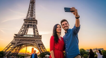 Couple Taking Selfie in Front of Eiffel Tower at Sunset.