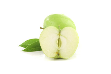 Fresh Green Apples Cut in Half with Leaves on White Background - Healthy Fruit Concept