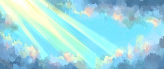 Vivid pastel sky with sunbeams piercing clouds