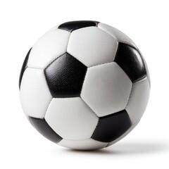 Black and white soccer ball, perfectly spherical, sits centered on a white background