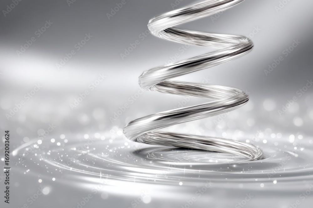 Poster an abstract silver spiral installation reflecting light on a glossy gray surface, creating soft ripp