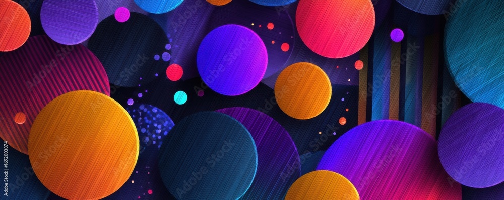 Poster vibrant circles and abstract colorful layers with neon shining patterns