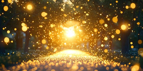 Obraz premium Sunlit path through trees adorned with glowing bokeh lights creating a magical atmosphere