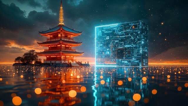 Fantasy glowing pagoda technology image