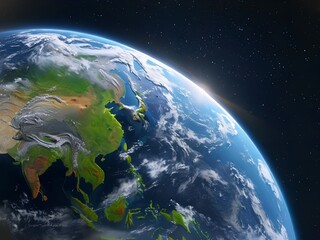 planet earth view from space asian continent pacific ocean visible curvature sunrise horizon atmospheric glow clouds over land ocean starry dark outer space background